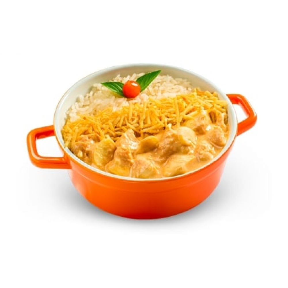 KIT ESTROGONOFE DE FRANGO 330g - (Caixa com 10un de arroz branco 150g + 10un de estrogonofe de frango 180g)