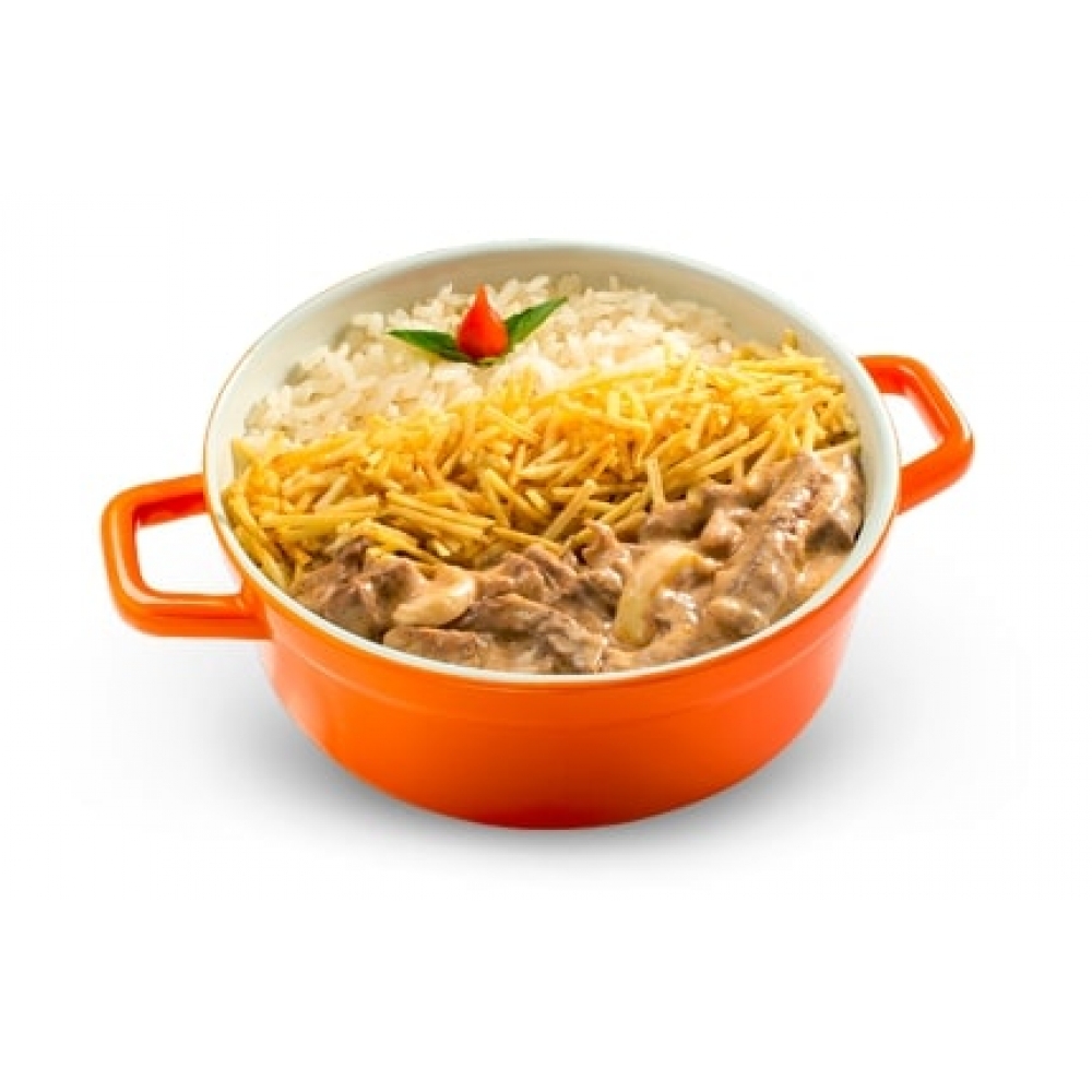 KIT ESTROGONOFE DE CARNE 330g -  (Caixa com 10 un de arroz branco 150g + 10un de estrogonofe de carne 180g)